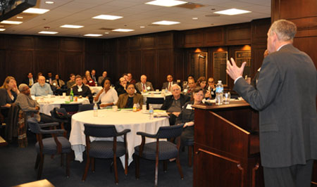 speaking with crowd